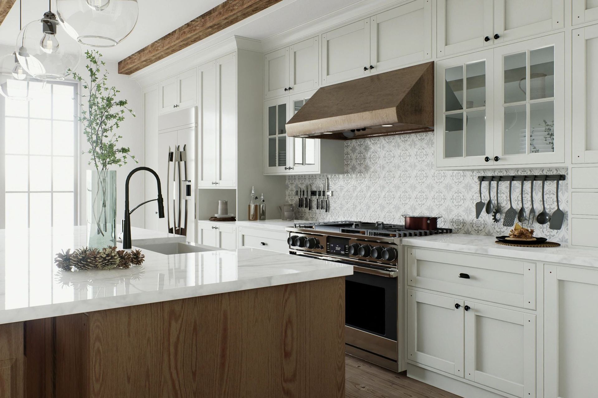 Renovated kitchen with white cabinets and wood island in New London County, CT