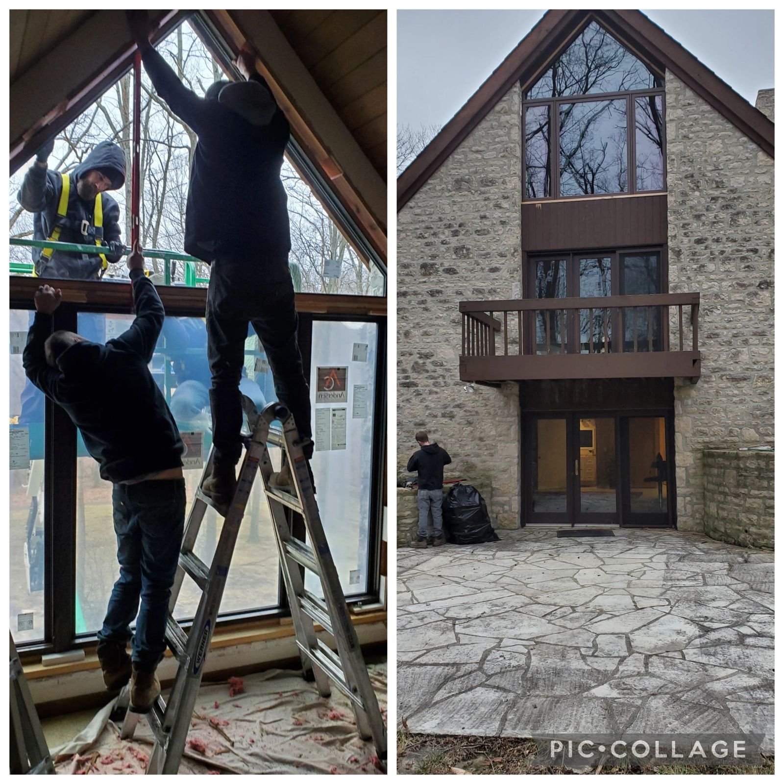 Crew installing large windows on a stone home in New London County, CT