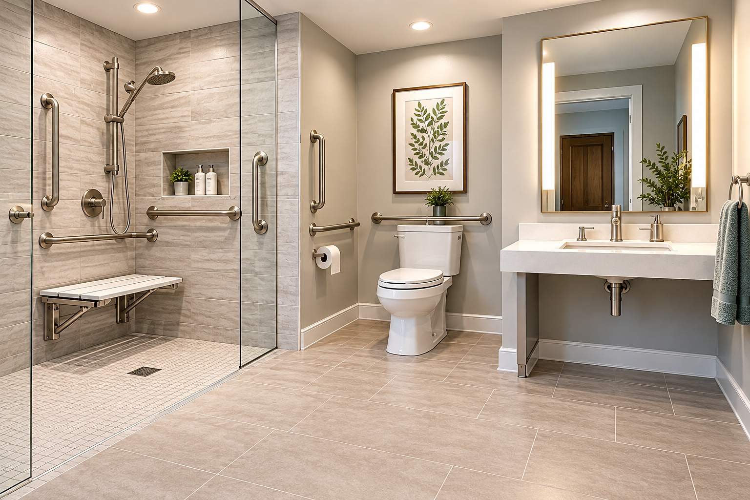 Accessible spa bathroom with a low-threshold shower, folding seat, grab bars and open space below the vanity